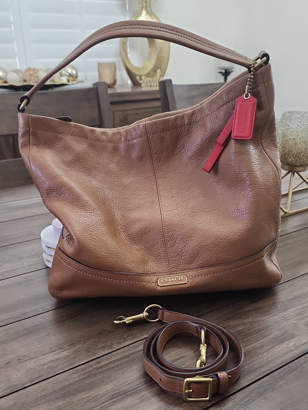 Coach Brown Leather Shoulder/crossbody Hobo with Coral/orange Tag